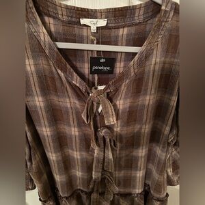 NWT Easel Washed Brown Plaid Tie-Front Bow Peplum Blouse | L